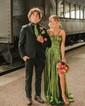 A-line Halter Metallic Floor-length Prom Dresses With Ruched