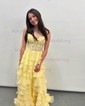 A-line Sweetheart Chiffon Sweep Train Prom Dresses With Appliques Lace