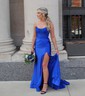 Sheath/Column Strapless Silk-like Satin Sweep Train Prom Dresses With Split Front