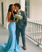 Trumpet/Mermaid V-neck Jersey Sweep Train Prom Dresses With Beading