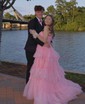 Ball Gown/Princess V-neck Tulle Glitter Sweep Train Prom Dresses With Tiered