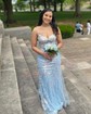 Trumpet/Mermaid V-neck Glitter Sweep Train Prom Dresses With Appliques Lace