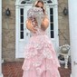 Ball Gown/Princess Off-the-shoulder Tulle Sweep Train Prom Dresses With Appliques Lace