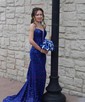 Trumpet/Mermaid V-neck Velvet Sequins Sweep Train Prom Dresses