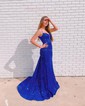 Trumpet/Mermaid V-neck Velvet Sequins Sweep Train Prom Dresses