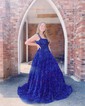 Ball Gown/Princess Square Neckline Velvet Sequins Sweep Train Prom Dresses With Pockets