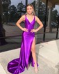 Trumpet/Mermaid V-neck Silk-like Satin Sweep Train Prom Dresses With Ruched