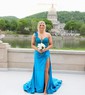 Trumpet/Mermaid One Shoulder Silk-like Satin Sweep Train Prom Dresses With Appliques Lace