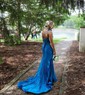 Trumpet/Mermaid One Shoulder Silk-like Satin Sweep Train Prom Dresses With Appliques Lace