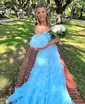 Ball Gown/Princess Off-the-shoulder Tulle Sweep Train Prom Dresses With Sashes / Ribbons