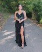 Trumpet/Mermaid V-neck Velvet Sequins Sweep Train Prom Dresses With Split Front