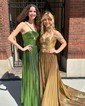 A-line Sweetheart Metallic Court Train Prom Dresses With Beading