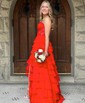 A-line Sweetheart Chiffon Sweep Train Prom Dresses With Appliques Lace