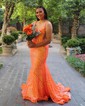 Trumpet/Mermaid V-neck Sequined Sweep Train Prom Dresses