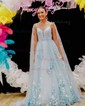 A-line V-neck Tulle Sequined Sweep Train Prom Dresses With Appliques Lace