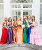 A-line Halter Metallic Sweep Train Prom Dresses With Split Front