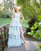 Ball Gown/Princess V-neck Tulle Glitter Sweep Train Prom Dresses With Tiered