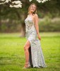 Trumpet/Mermaid V-neck Velvet Sequins Sweep Train Prom Dresses With Split Front