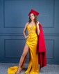 Sheath/Column V-neck Silk-like Satin Floor-length Prom Dresses With Beading