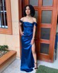 Sheath/Column Off-the-shoulder Silk-like Satin Floor-length Prom Dresses With Ruched