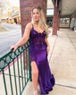 Trumpet/Mermaid V-neck Silk-like Satin Sweep Train Prom Dresses With Beading