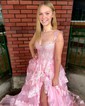 Ball Gown/Princess Off-the-shoulder Tulle Sweep Train Prom Dresses With Appliques Lace