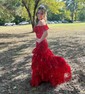 Trumpet/Mermaid Off-the-shoulder Tulle Sweep Train Prom Dresses With Appliques Lace