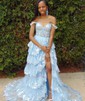 Ball Gown/Princess Off-the-shoulder Tulle Sweep Train Prom Dresses With Tiered