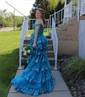 Ball Gown/Princess Off-the-shoulder Tulle Sweep Train Prom Dresses With Appliques Lace