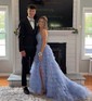 Ball Gown/Princess One Shoulder Tulle Sweep Train Prom Dresses With Lace