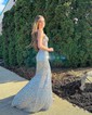 Trumpet/Mermaid V-neck Velvet Sequins Sweep Train Prom Dresses With Split Front