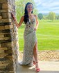 Trumpet/Mermaid V-neck Velvet Sequins Sweep Train Prom Dresses With Split Front