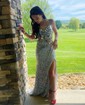 Trumpet/Mermaid V-neck Velvet Sequins Sweep Train Prom Dresses With Split Front