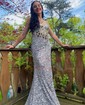 Trumpet/Mermaid V-neck Velvet Sequins Sweep Train Prom Dresses With Split Front