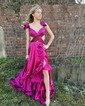 A-line V-neck Silk-like Satin Asymmetrical Prom Dresses With Split Front