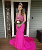 Trumpet/Mermaid V-neck Jersey Sweep Train Prom Dresses With Crystal Detailing