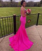 Trumpet/Mermaid V-neck Jersey Sweep Train Prom Dresses With Crystal Detailing