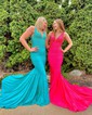 Trumpet/Mermaid V-neck Jersey Sweep Train Prom Dresses With Crystal Detailing