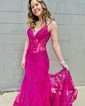 Trumpet/Mermaid V-neck Tulle Sweep Train Prom Dresses With Appliques Lace