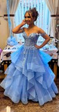 Ball Gown/Princess Off-the-shoulder Glitter Floor-length Prom Dresses With Appliques Lace