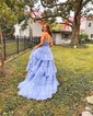 Ball Gown/Princess Straight Tulle Glitter Sweep Train Prom Dresses With Tiered