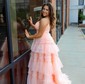 Ball Gown/Princess V-neck Tulle Glitter Sweep Train Prom Dresses With Tiered