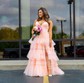 Ball Gown/Princess V-neck Tulle Glitter Sweep Train Prom Dresses With Tiered