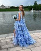 Ball Gown/Princess V-neck Tulle Sweep Train Prom Dresses With Tiered