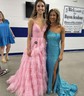 Ball Gown/Princess V-neck Tulle Glitter Sweep Train Prom Dresses With Tiered