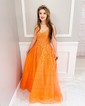 Ball Gown/Princess V-neck Tulle Glitter Sweep Train Prom Dresses With Appliques Lace