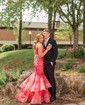 Trumpet/Mermaid V-neck Organza Sweep Train Prom Dresses With Appliques Lace