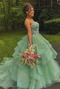 Ball Gown/Princess V-neck Organza Sweep Train Prom Dresses With Tiered