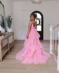 Ball Gown/Princess V-neck Tulle Glitter Sweep Train Prom Dresses With Tiered