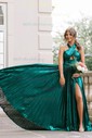 A-line Halter Metallic Floor-length Prom Dresses With Ruched